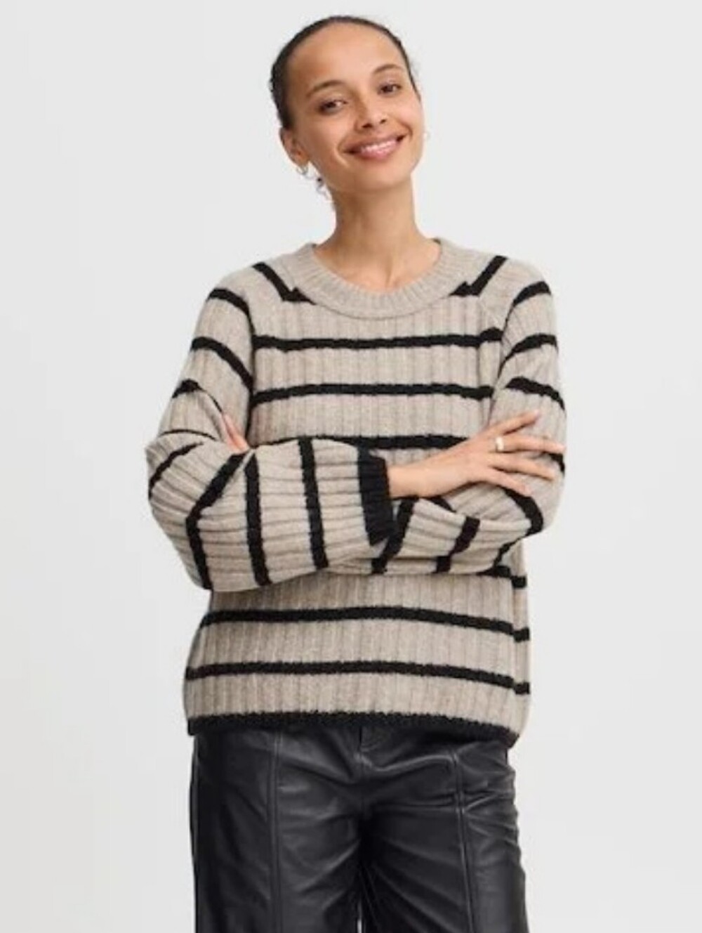 NWT b.young Bymarianne Ribbed Stripe Pullover Sweater Brown Black Medium